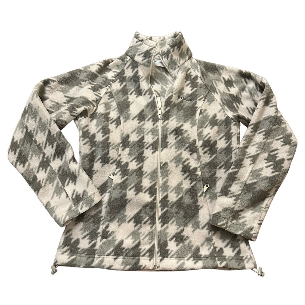 Columbia Fleece Sweater Jacket Full Zip Gray & White Houndstooth Print Small